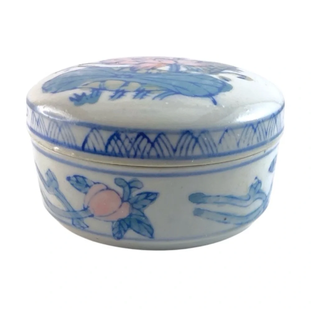 Vintage Chinese Porcelain Trinket Box Jewelry Holder Lotus Butterfly Chinoiserie